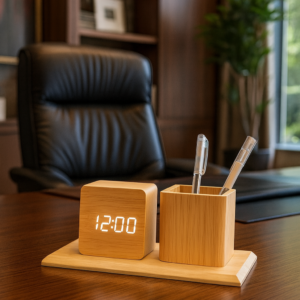 Alternative view of Wooden pen desk organizer with LED Clock