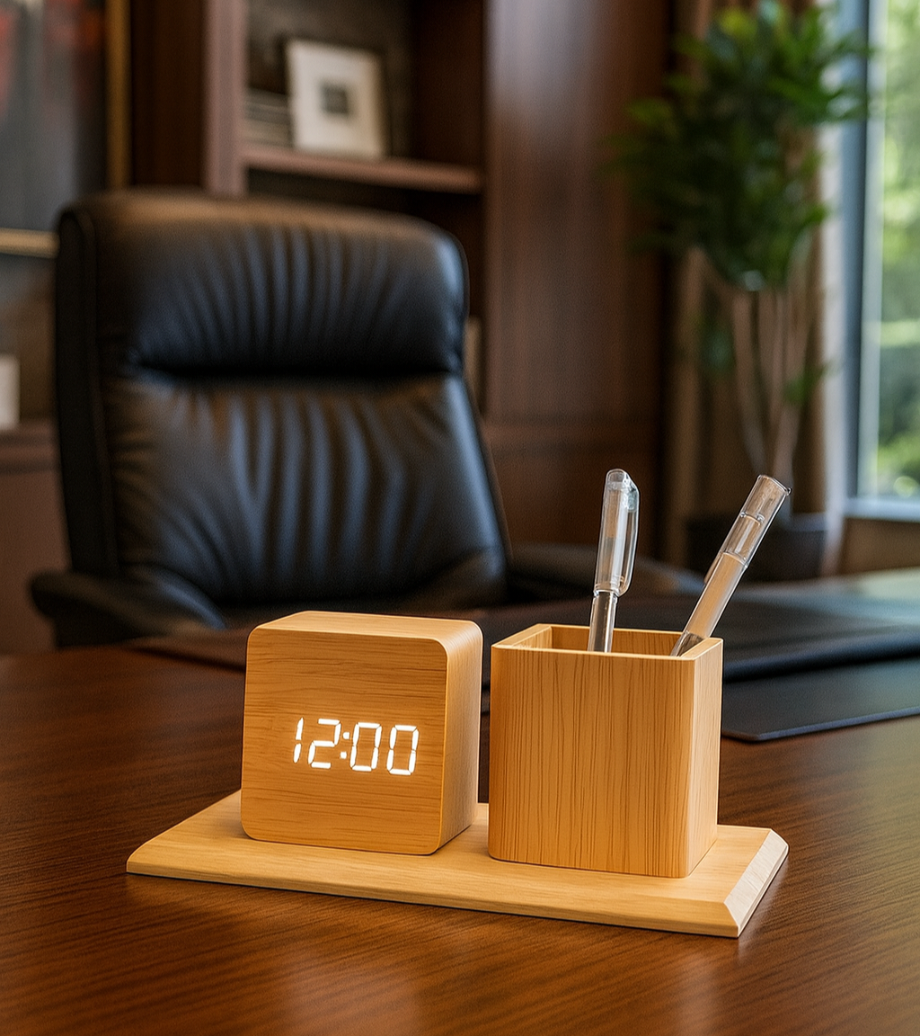 Wooden pen desk organizer with LED Clock - Image 2